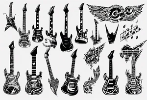 Create a unique tattoo design inspired by my passion for the electric guitar and video games. It could be an abstract representation of musical notes and pixel graphics. tattoo idea