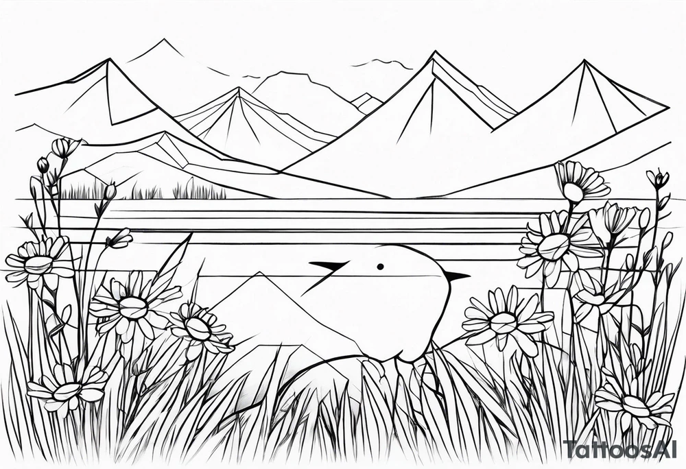 Geometric small bird outline sitting in grass and daisys with mountains in the background tattoo idea
