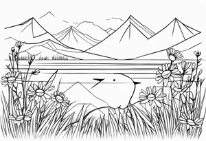 Geometric small bird outline sitting in grass and daisys with mountains in the background tattoo idea