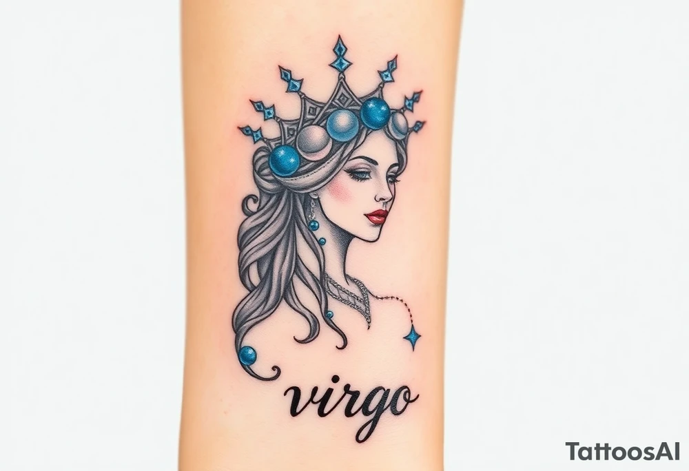 A regal Virgo queen with an intricate celestial headdress, adorned with silver moons, deep blue stars, and delicate pearls and the word virgo tattoo idea