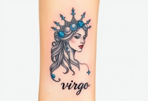 A regal Virgo queen with an intricate celestial headdress, adorned with silver moons, deep blue stars, and delicate pearls and the word virgo tattoo idea