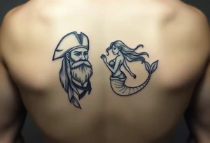 minimalist bearded pirate and mermaid tattoo idea