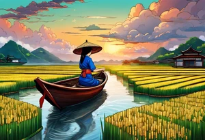 vietnamese lady on boat rice fields water sunset home clouds tattoo idea