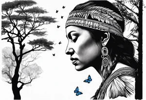 Tree with upper left branches forming a native American woman's face as she looks down onto the trees base and a lonely woman kneels there with 1 blue butterfly tattoo idea