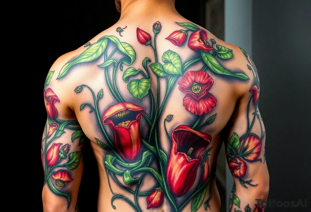 carnivorous plants neck, chest, back, and arm sleeves
I want these spots covered in these plants, ranging from venus fly traps to others
Make it masculine looking, I want it to look kinda like a plant guide book tattoo idea