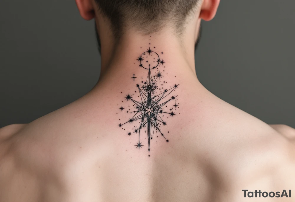 A star map-style Sagittarius star constellation tattoo in muted grays and whites, placed along the spine. tattoo idea