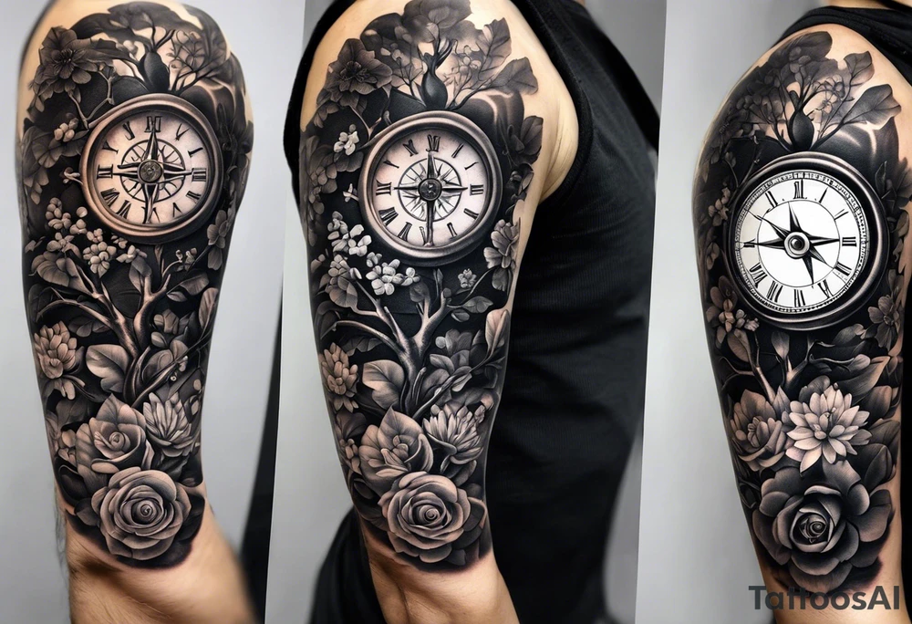 black and grey composition of three elements, 1), combination old school pocket watch and nautical compass, 2) a tree of life and 3) a doctor bird, connected together by lignum vitae flowers, on the arm 3/4 sleeve tattoo idea