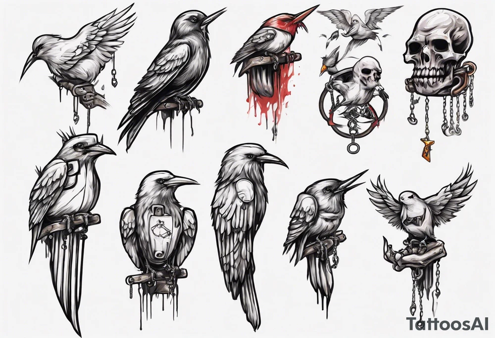 horizontal hand with middle finger extended, headless-songbird perched on middle finger, headless bird's leg chained to finger tattoo idea