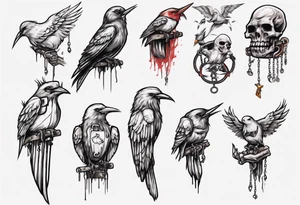 horizontal hand with middle finger extended, headless-songbird perched on middle finger, headless bird's leg chained to finger tattoo idea