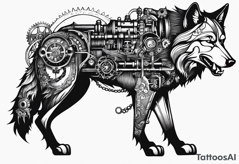 Powerful wolf powered by an engine featuring an "steampunk desing" in the image appears a psiton and a turbo, also the dseign must be vertical. Also, the desing must be minimalistic not saturated tattoo idea