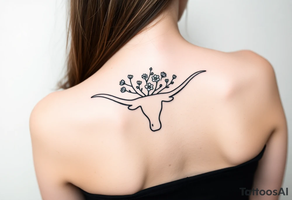 Texas Longhorn School with tree growing out of it with flowers blooming tattoo idea