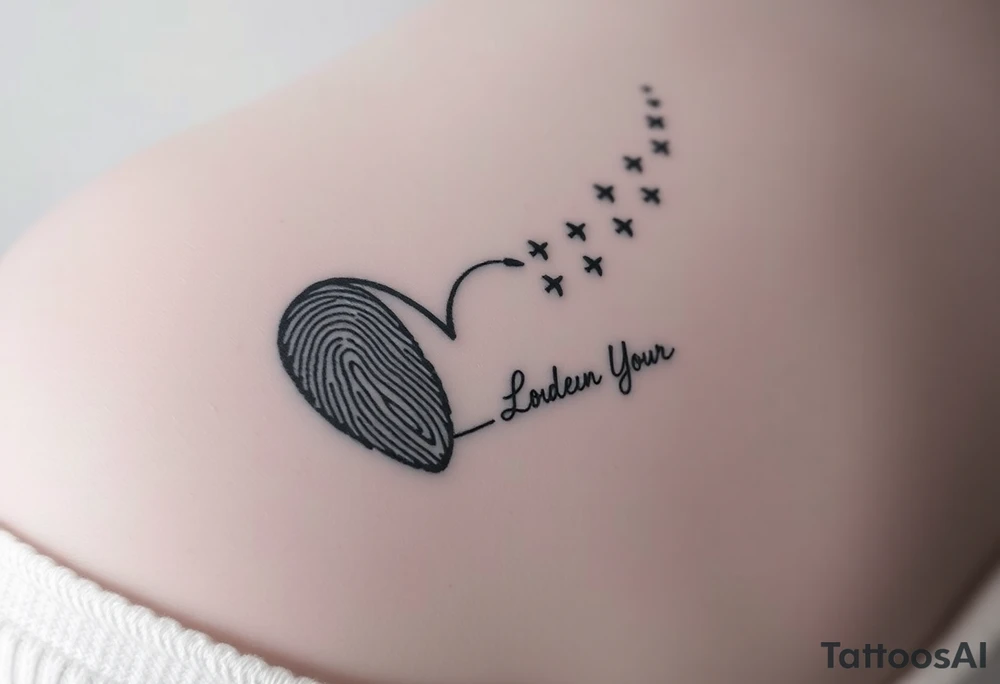 Two fingerprints merged into a heart shape, with the top right edge breaking away into a few small planes flying into the sky.

Signature Beneath the heart in the loved one’s handwriting flowing up into the heart

Take the first image and refine it. The line at the end of the signature should flow upward, creating the right side of the heart and flows into a planes design tattoo idea