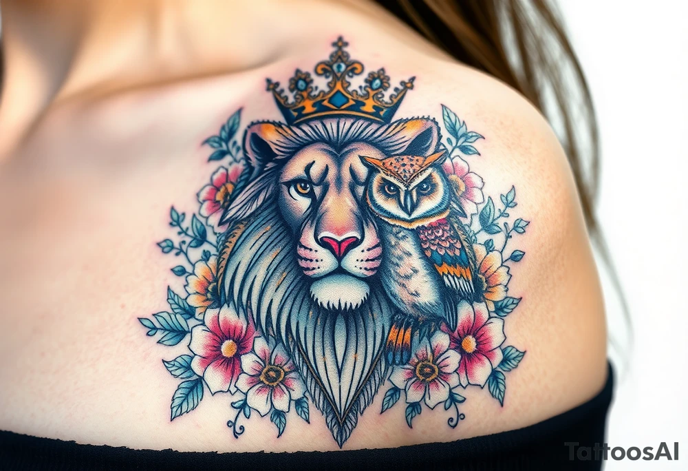 powerful majestic lion with a crown and owl  surrounded by floral ornaments and birds tattoo idea