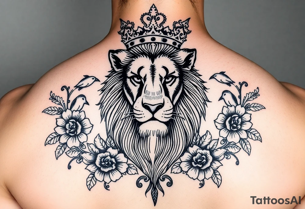 powerful majestic lion with a crown, surrounded by floral ornaments and birds tattoo idea