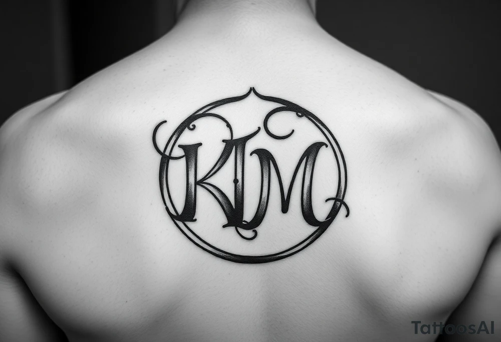 letters only fancy but rugged twisted and intertwined circular arched curvy lettering (KM ) almost like the the roca wear symbol clothing brand trademark tattoo idea