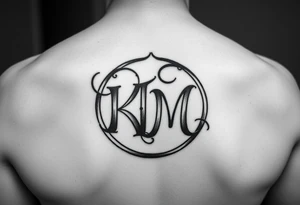 letters only fancy but rugged twisted and intertwined circular arched curvy lettering (KM ) almost like the the roca wear symbol clothing brand trademark tattoo idea