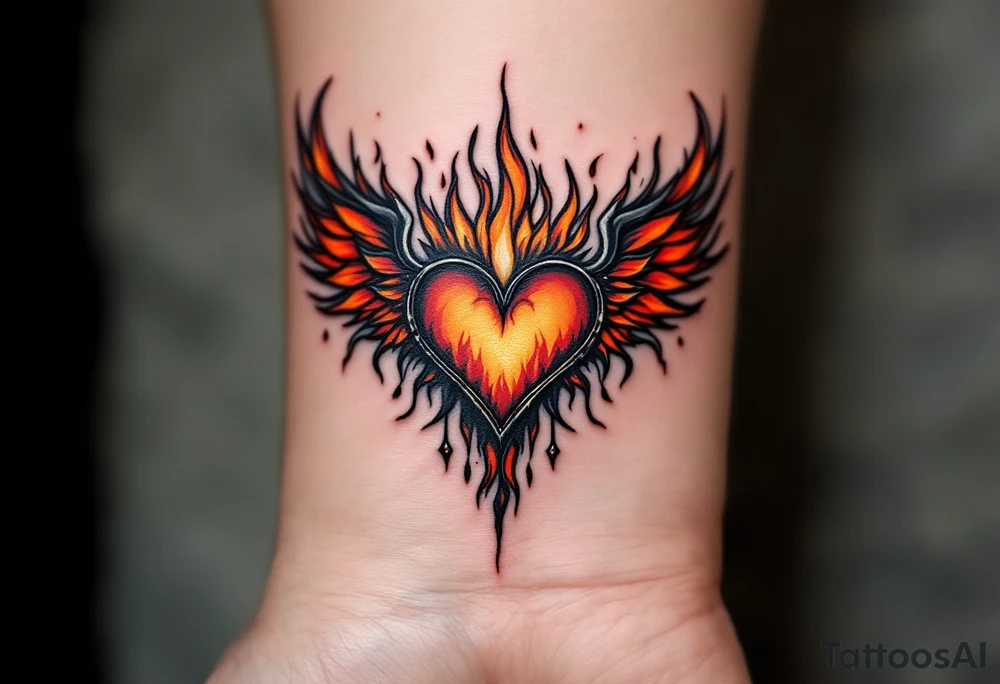 Flame-Encased Heart with Flaming Wings – A heart surrounded by orange and red flames, with fiery orange wings to reflect intense, burning love and passion. tattoo idea