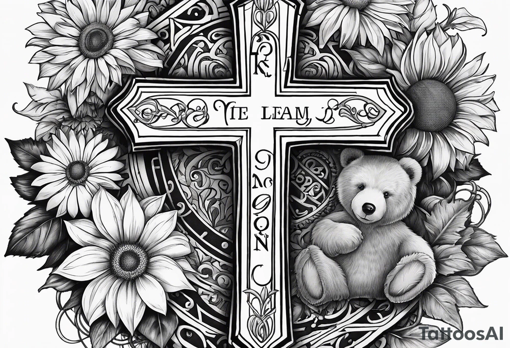 A cross with my family’s names on it names are Peter Lori Kyle and around Peter’s name put a motercycle and a bear around loris name put a sunflower and a heart and around Kyle’s name put a baseball and electricity tattoo idea