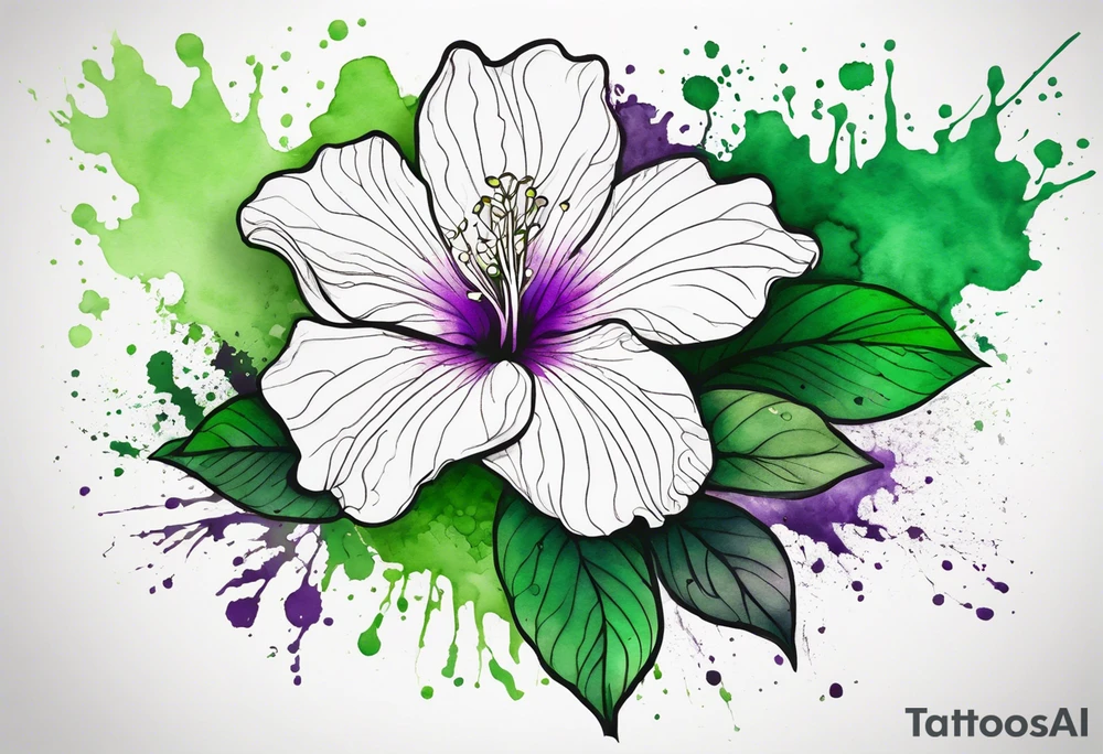 An outline of a green rio dipladenia flower and a green and purple watercolor splash in the background tattoo idea