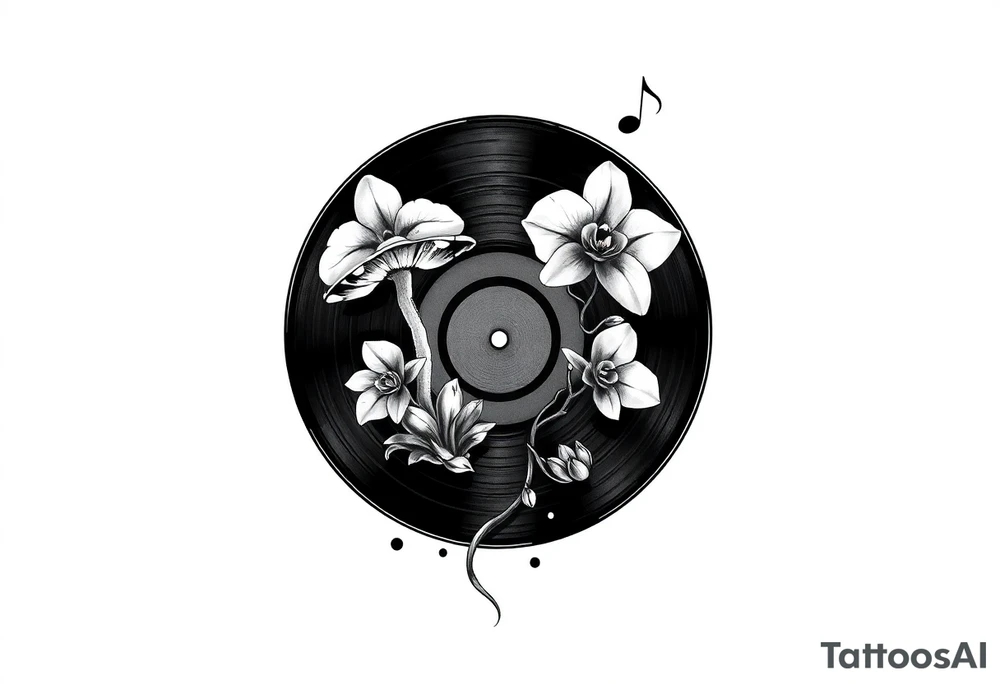 one black and white vinyl record with mushrooms, two orchids, and music notes around it tattoo idea