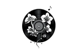 one black and white vinyl record with mushrooms, two orchids, and music notes around it tattoo idea