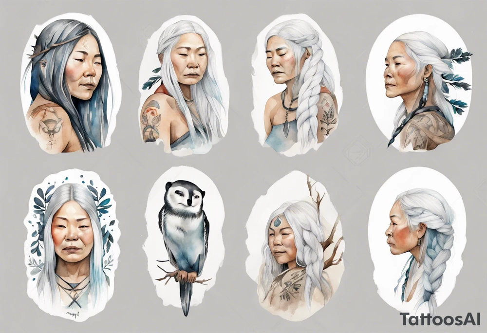 an Inuit woman with long white hair holding onto a white branch tattoo idea
