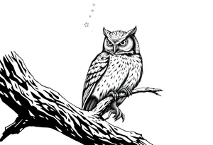 wise owl perched on ancient oak branch under starlit sky tattoo idea