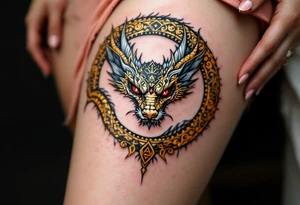 A golden dragon Ouroboros snake forming cyrcle with ruby eyes, its body covered in ancient markings, resembling a divine entity. tattoo idea