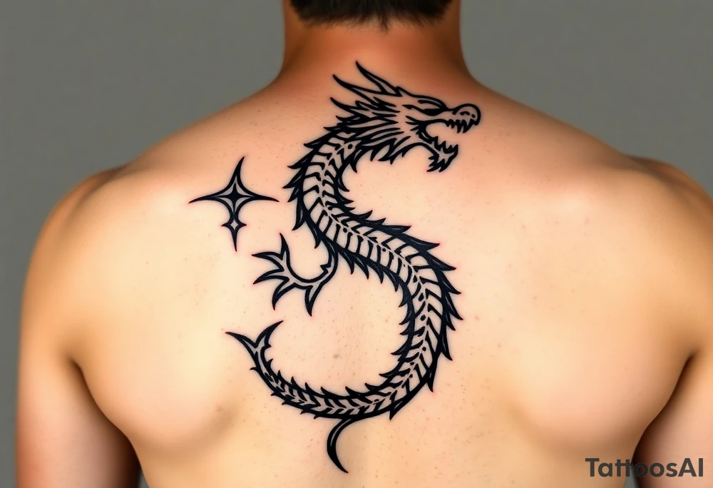 A bold, full-back tribal dragon tattoo in black ink, coiled in an S-shape or spirals across the upper back. The design uses sharp, flowing lines, spines, and flame-like patterns to create an aggressive yet balanced aesthetic. The dragon appears fierce and protective, symbolizing power, transformation, and resilience. incorporating Amazigh (Berber) symbols for strength, freedom, and identity. The design should reflect themes of transformation, grounding, and soul direction, resonating with a journey of inner rebirth and spiritual embodiment. Style: fine linework, sacred geometry, tribal influence, and dotwork. Ink: black or dark brown. tattoo idea