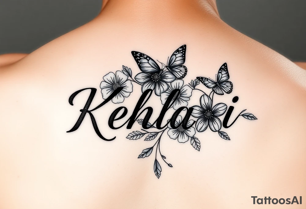 the name kehlani with flowers and butterflies red ink tattoo idea