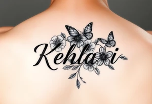 the name kehlani with flowers and butterflies red ink tattoo idea