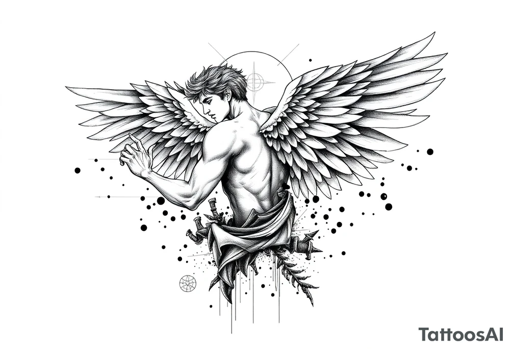 Highly detailed black and white tattoo design for forearm placement, allowing future extension into a full sleeve. Depict a dramatic surreal composition with a muscular male or androgynous angel in dynamic motion, large detailed wings partly torn or dissolving into abstract ink splashes, mixed with one demonic wing, surrounded by fine sacred geometry lines and circles, mythological and symbolic elements inspired by Icarus and Prometheus. Integrate fragmented body parts effect, thin minimal linework mixed with fine sketch shading, surreal horror accents like abstract dripping eyes, occult and alchemical symbols, black ink smoke, and thin composition lines connecting elements. High contrast, clean outlines, artistic etching style blended with minimal modern tattoo aesthetics, no background. tattoo idea