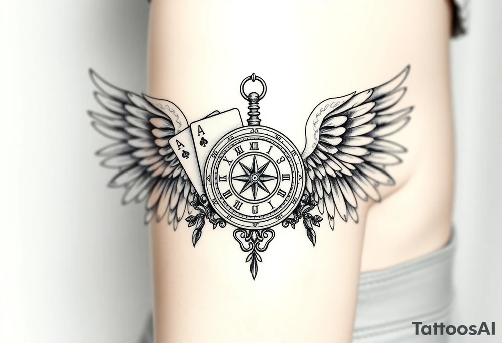Slot machine cards compass and clock with angel wings tattoo idea
