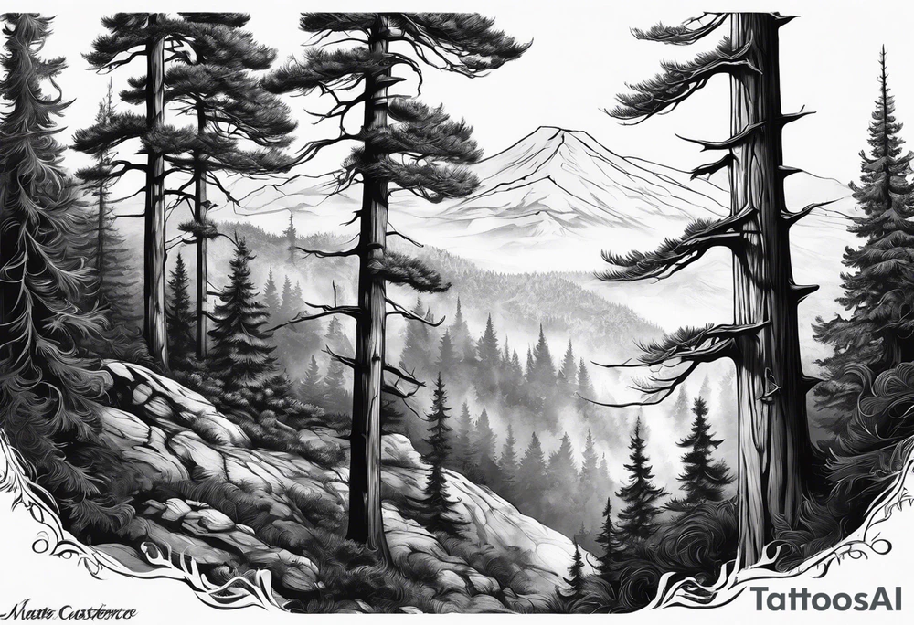 Full back tattoo ancient pine tree Forrest tattoo idea