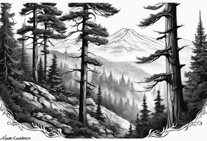 Full back tattoo ancient pine tree Forrest tattoo idea