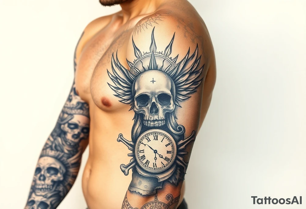 Skull and crossbones, sun, phoenix, clock face tattoo idea