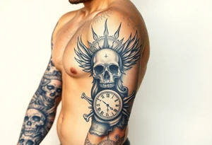 Skull and crossbones, sun, phoenix, clock face tattoo idea