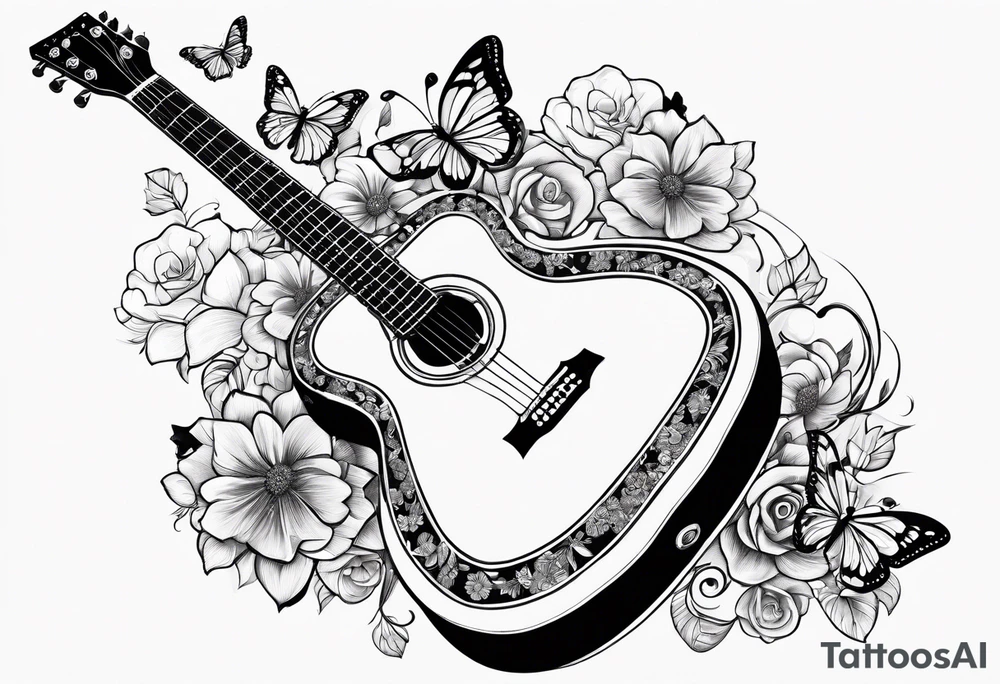 Single electric acoustic Guitar in shape with flowers growing off the side, butterflies tattoo idea