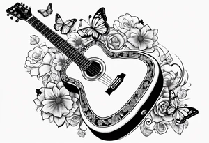 Single electric acoustic Guitar in shape with flowers growing off the side, butterflies tattoo idea