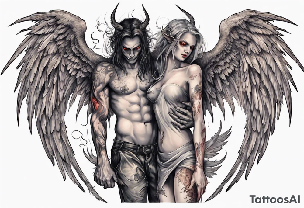 Demon and angel holding each other. He has angel wings, she has demon wings. tattoo idea