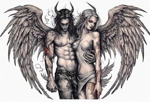 Demon and angel holding each other. He has angel wings, she has demon wings. tattoo idea