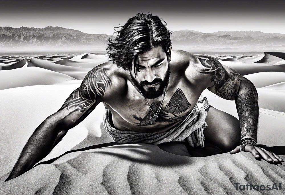 man crawling in a desert reaching to the cross of Christ tattoo idea