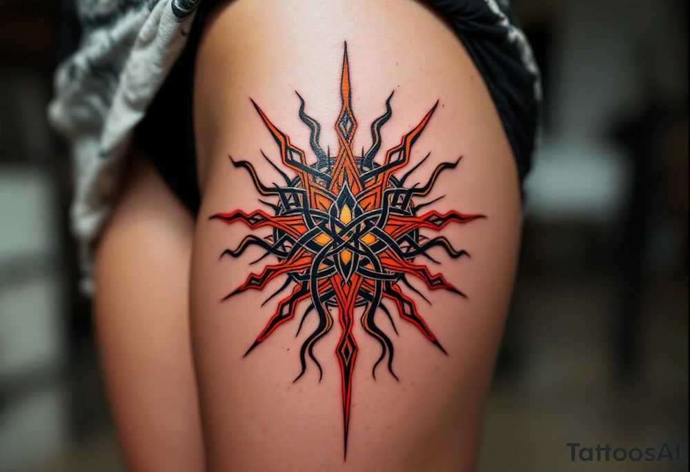 Featuring interlocked black knots and orange rays, this Celtic sun blazes with fierce energy on the upper back. tattoo idea