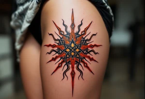 Featuring interlocked black knots and orange rays, this Celtic sun blazes with fierce energy on the upper back. tattoo idea