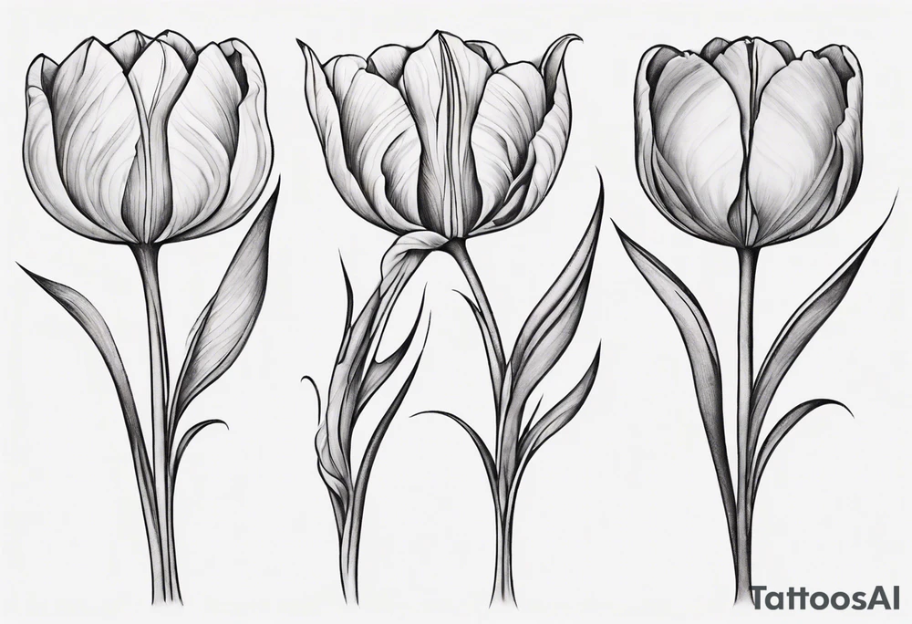 Generate a compelling tattoo design featuring three tulips with intertwining stems. Emphasize the graceful entwining of the stems, creating a harmonious and visually captivating composition. Each tulip should showcase distinct characteristics, from the delicate curves of the petals to the intricate details of the stamen. Consider incorporating elements that symbolize unity, growth, and interconnectedness. Capture the essence of nature's beauty while ensuring the overall design is balanced and aesthetically pleasing. tattoo idea