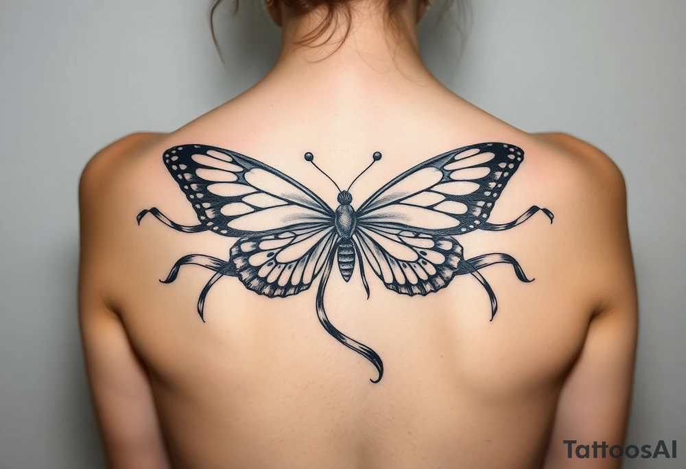 ethereal butterfly with flowing silk ribbons in moonlight tattoo idea