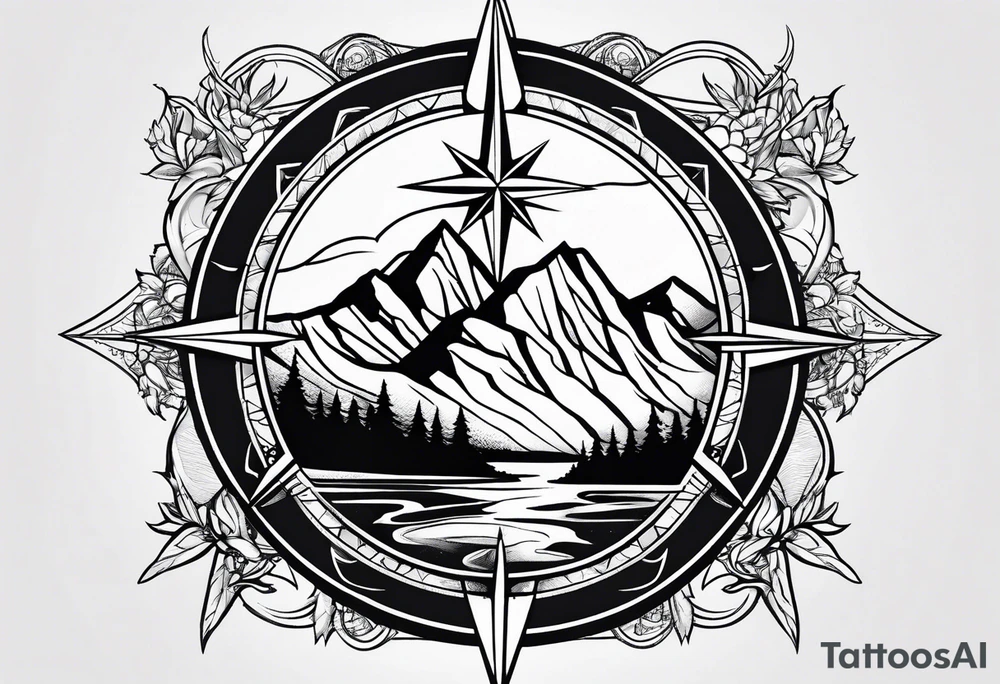 Compass rose with mountains tattoo idea