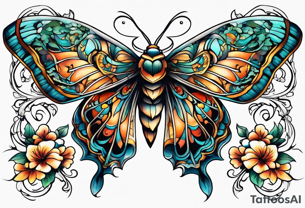 Moth flying around and winding vines tattoo idea