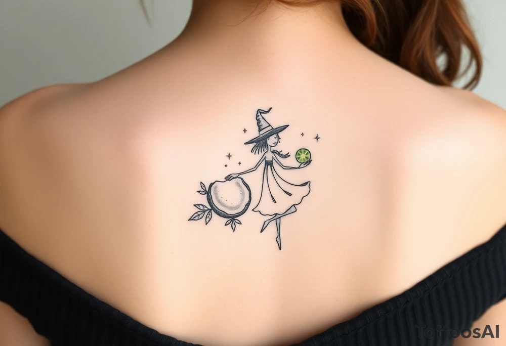 Coconut with a lime and a dancing magical witch girl tattoo idea