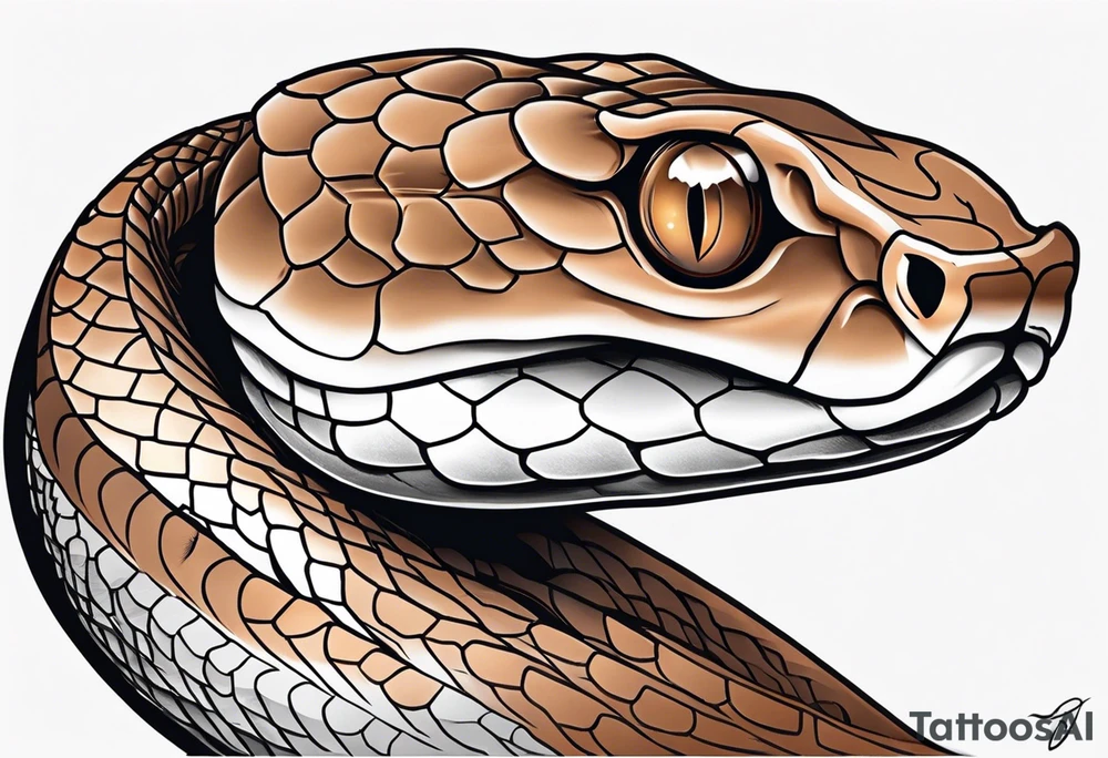 Copperhead with just the head turned up and mouth open and copper colored eyes tattoo idea